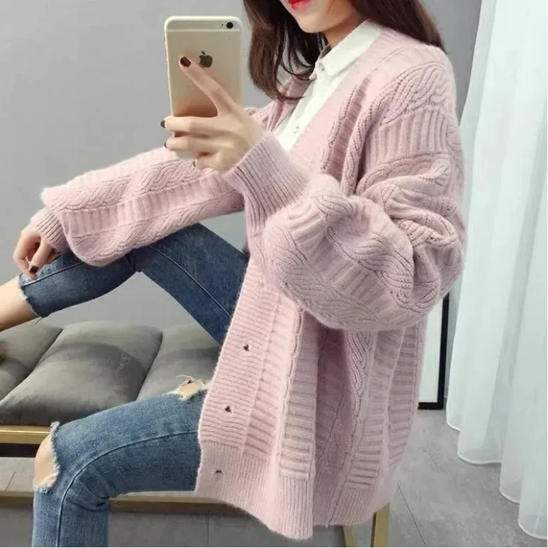 2024 New Autumn/Winter Korean Commuter Minimalist Sweater Cardigan Long Sleeve Solid Color Round Neck Button Women\'s Coat Top