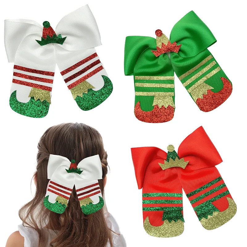 24pcs Glitter Christmas Ribbon Hair Bows with Long Tassel Hair Clips for Girls Kid's Xmas Party Headwear Crown Barrette Hairpins