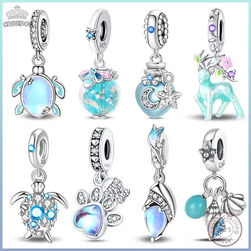 

925 Sterling Silver Beaded Pendant Blue Zircon Ocean Shell Original 3mm Bracelet Women Fine Jewelry