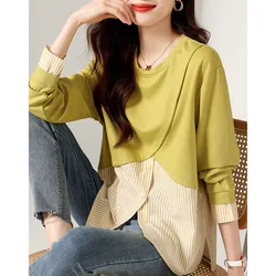 Fashion O-Neck Patchwork Fake Two Pieces Striped Shirt Women Clothing 2022 Autumn New Loose Casual Tops All-match Korean Blouse