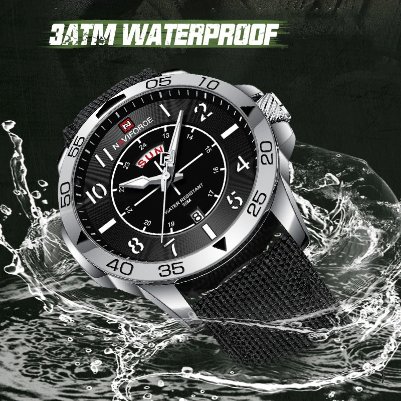 NAVIFORCE Casual Wild Water Resistant Men Wristwatch Nylon Strap Quartz Man Clock with Day and Date Display Windows Male Watches