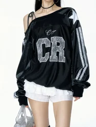 ADAgirl-sudaderas con capucha con letras de encaje bordado para mujer, sudaderas holgadas de manga larga a rayas con hombros descubiertos, Tops Kpop de moda Retro americana