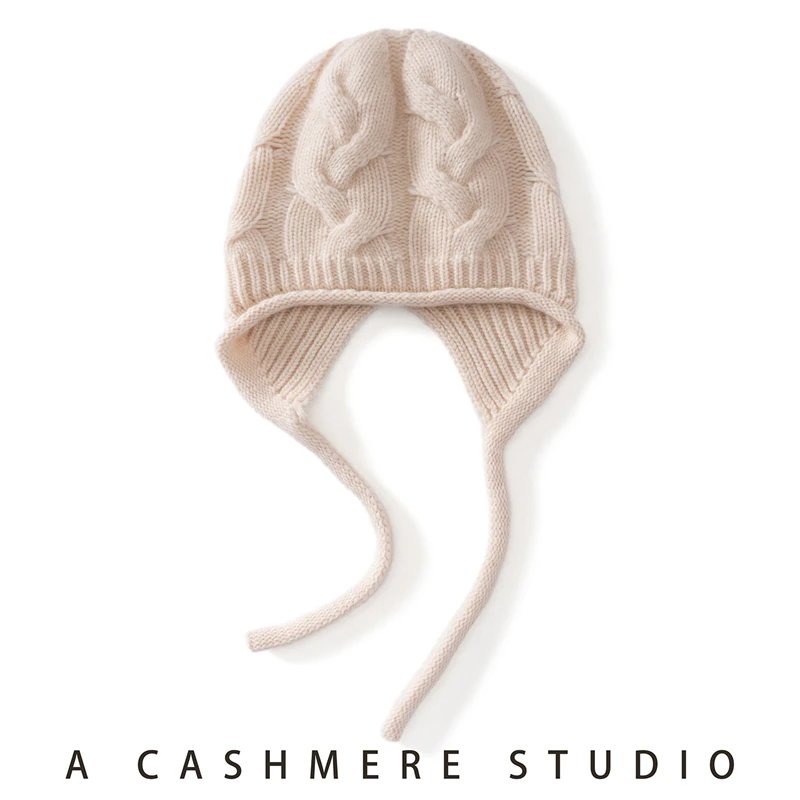 

Fashionable Thick Pure Cashmere Curled Edge Winter Women's Hat Solid Color Knitted Twisted Flower Outdoor Ear Protection Hat