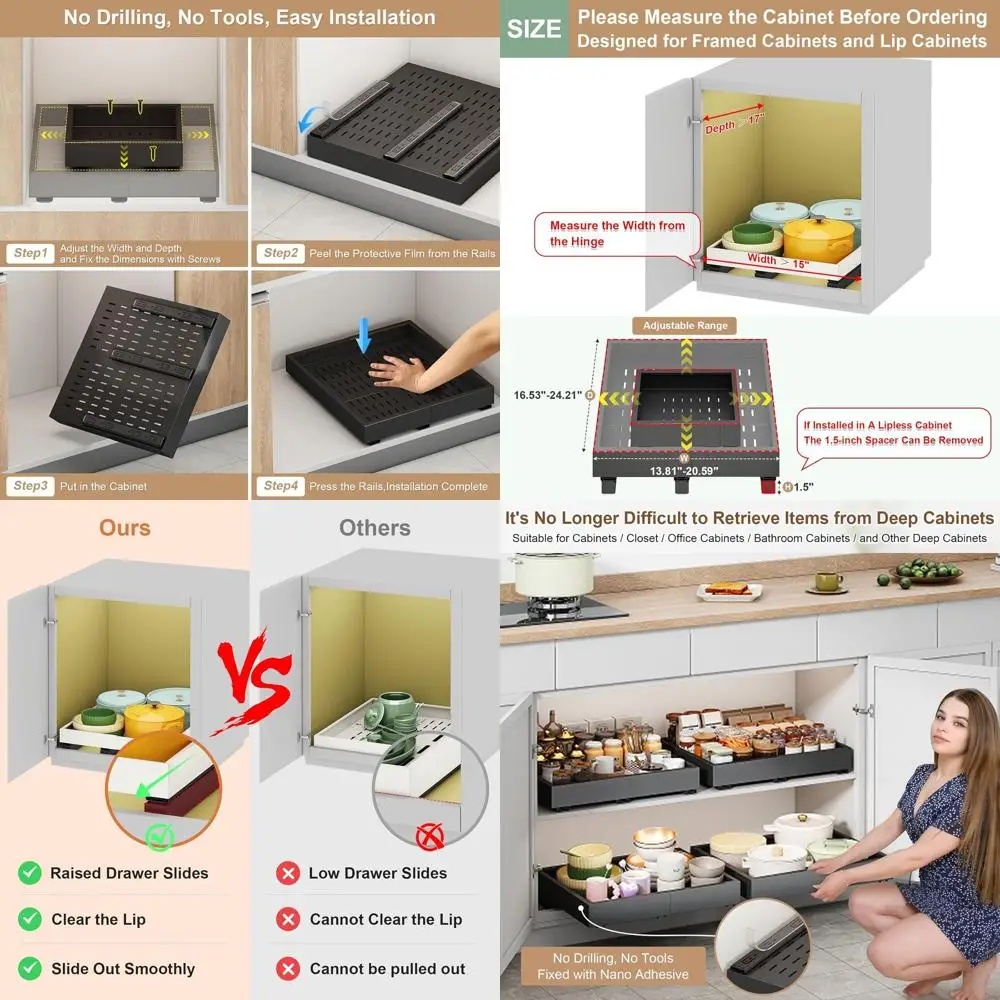 

Adjustable Expandable Cabinet Organizer with 3 Rails, Roll-out Drawers, for Kitchen and Pantry, Black