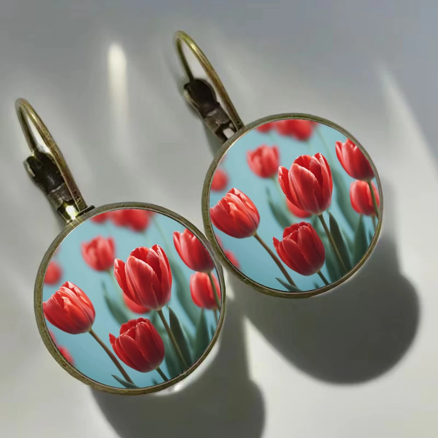 Colored Tulip Earrings Dutch Tulip Photos Glass Women\'s Earrings Love and Eternal Flower Earhooks