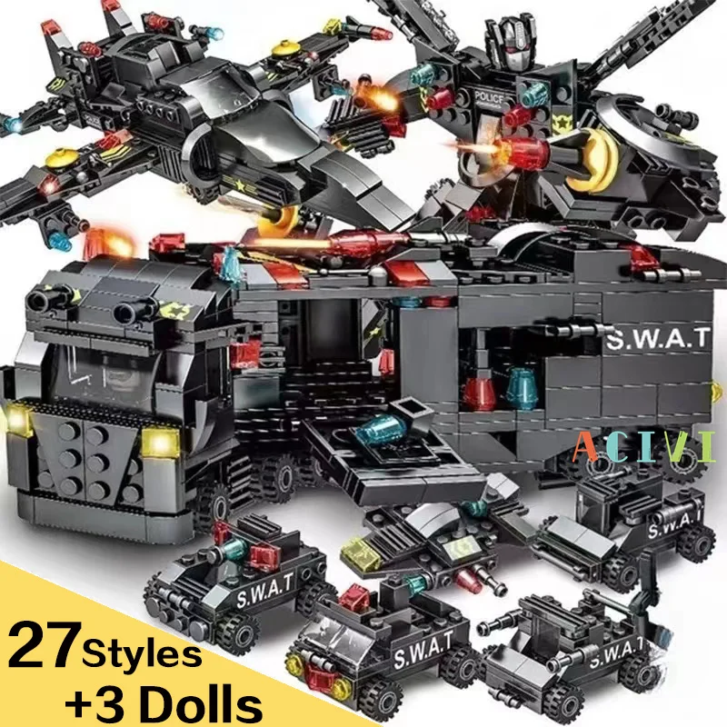 ACIVI SWAT Police Station Truck Model Building Blocks City Machine Helicopter Car Figures Bricks Educational Toy For Children