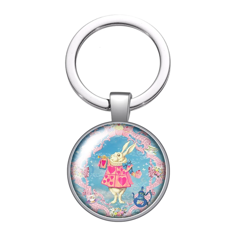 Disney Alice\'s Adventures in Wonderland glass cabochon keychain Bag Car key chain Ring Holder Charms keychains gift