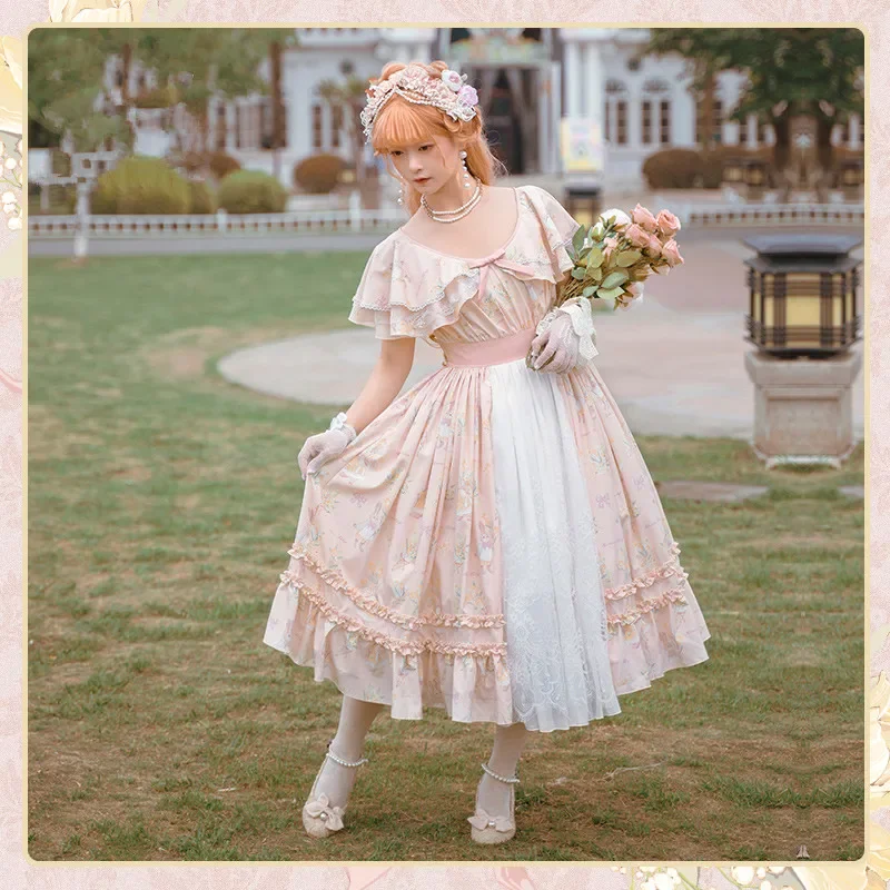 Vestido Lolita JSK para mulheres, coelho e poema de amor, doce lindo vestido francês, OP Cosplay, vestidos de mangas curtas para meninas, gótico