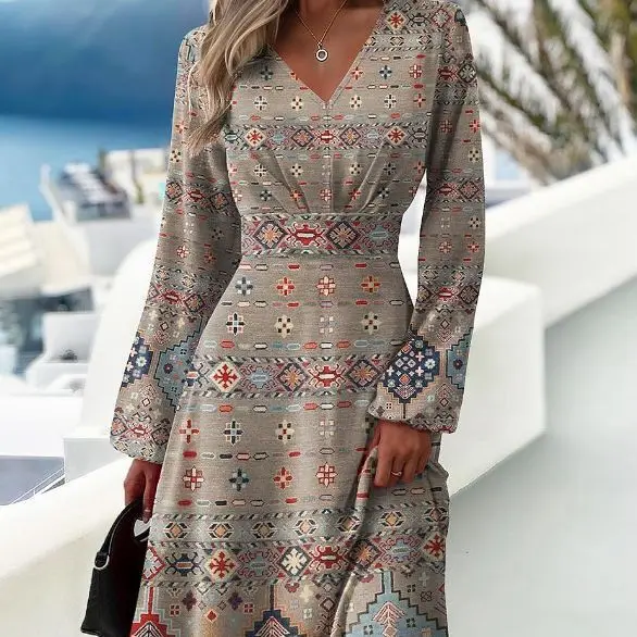  Autumn New Women's Dress Elegant and Slim Fit Fashion Print Dress V-neck Long Sleeve Dress