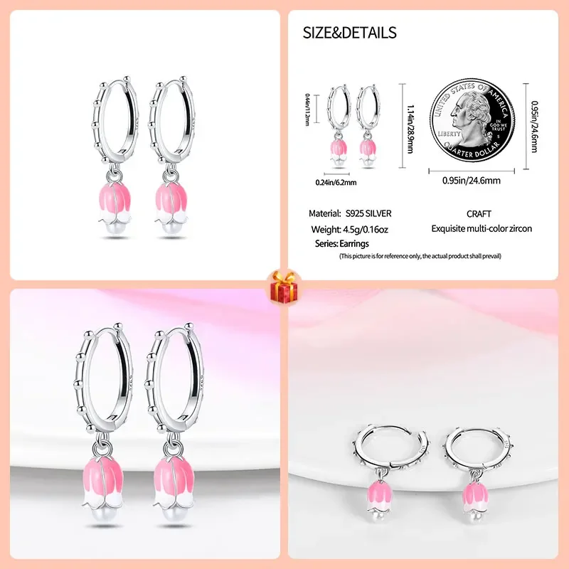 Sterling Silver 925 Ribbon Heart Ear Hooks Beads Pink Collection Adolescent Girl Style Charm Beads Original Bracelet DIY Gift