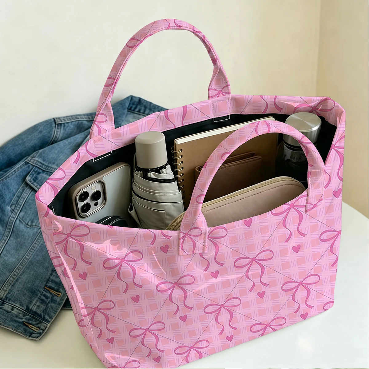 Sweet Patchwork Large PVC Waterproof Capacity Canvas Shoulder Bag Dual Side Print Tote Bag Daily Shopping Bag Fashion Handbag