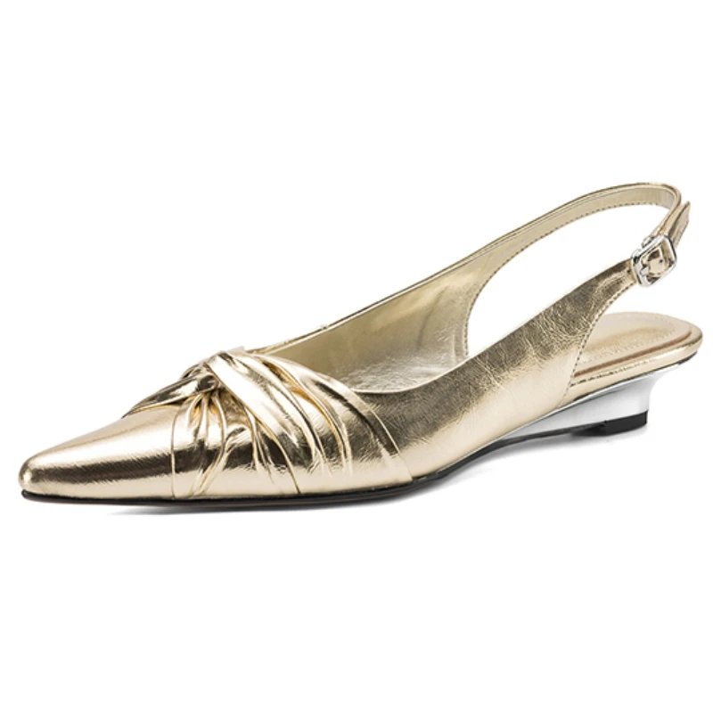 2026 New Women's Summer Sandals Genuine Leather Wedge Low Heels Party Dance Shoes Elegant Closed Point toe Gold Slingback Pumps