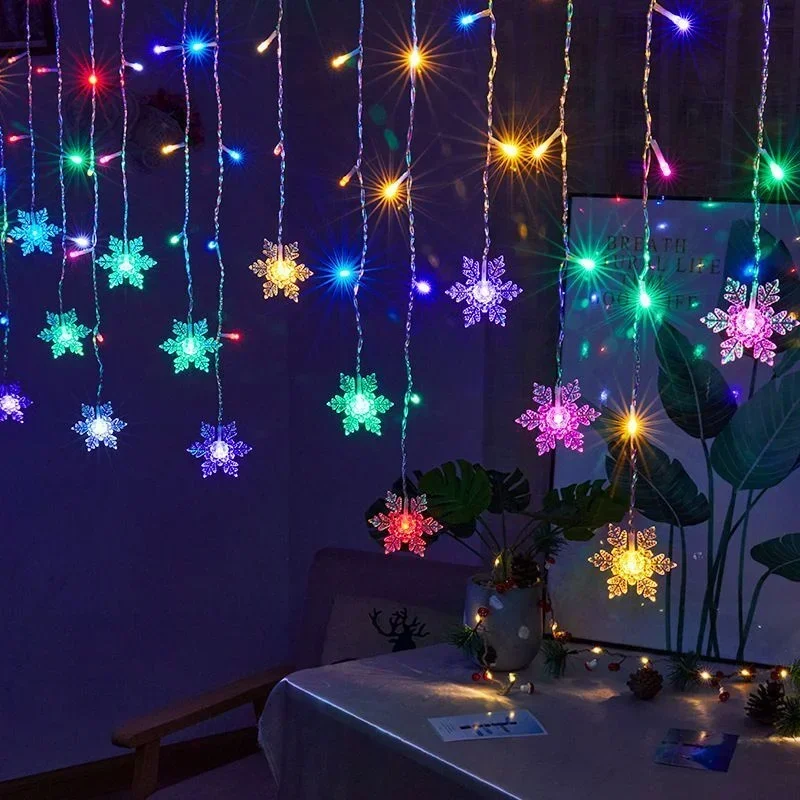 Christmas Decoration Outdoor LED Snowflake Curtain Garland String Fairy Light for Holiday Wedding Party Home 2025 New Year Decor