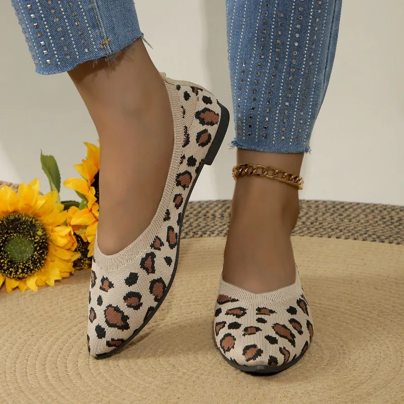 Zapatos planos de Ballet de punto con pata de gallo para mujer, mocasines de malla con punta estrecha, mocasines de leopardo, zapatos de conducción suaves, talla grande 43