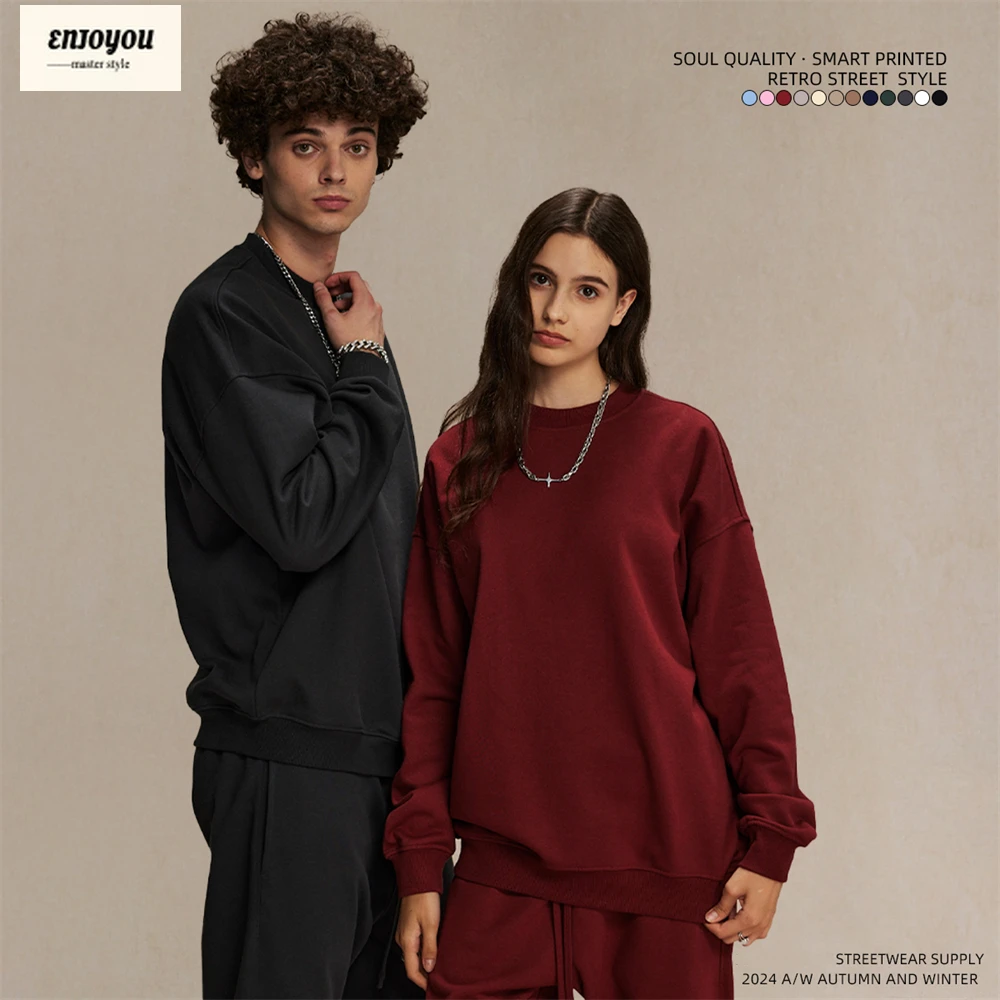 

ENJOYOU 2024 осень-зима мужская базовая толстовка с круглым вырезом унисекс свободные однотонные махровые пуловеры 430 г/м2 уличная одежда HY0910