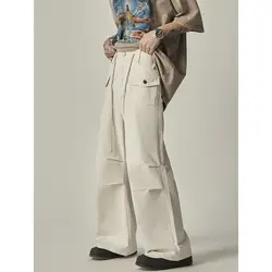 Men's Clothing Spring Autumn Solid Color Wide Leg Elastic High Waisted Pockets Trousers Cargo Preppy Style High Street Pants