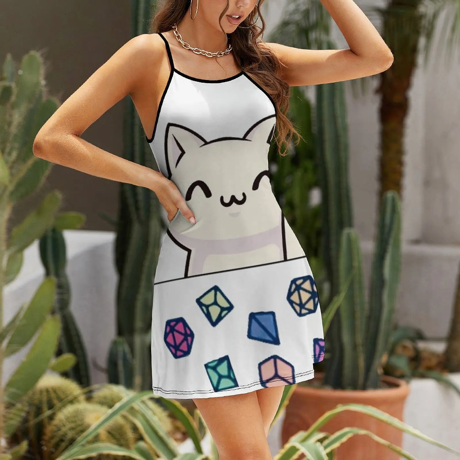 Cat Throwing Dice RPG Tabletop RPG Tabletop Graphic Cool Exotic  Woman's Dress  Women's Sling Dress Casual  Clubs The Dress