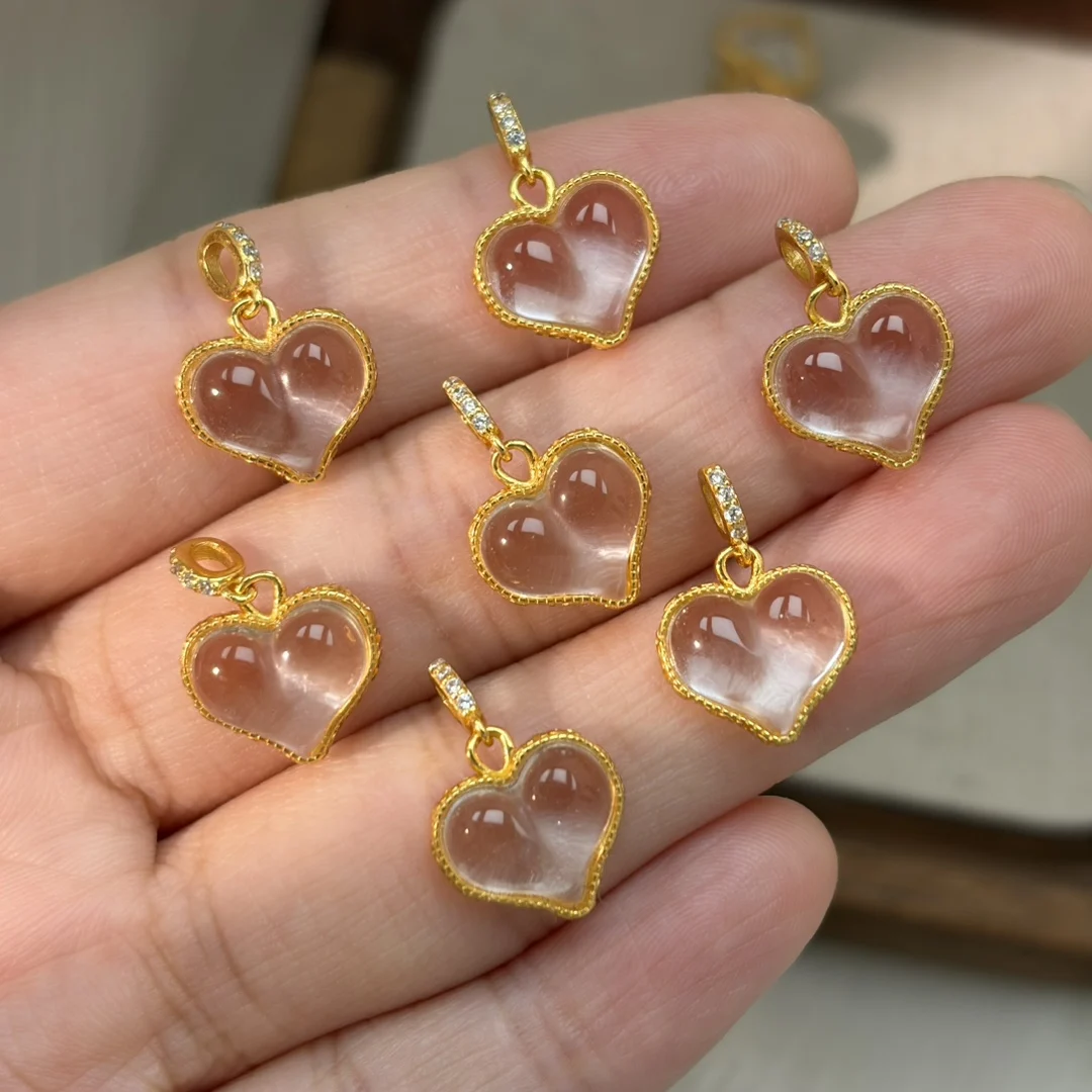 

Romantic 925 Silver Set Natural White Crystal Heart Pendant For Necklace Peach Shape Quartz Charm Fine Jewelry DIY Accessory