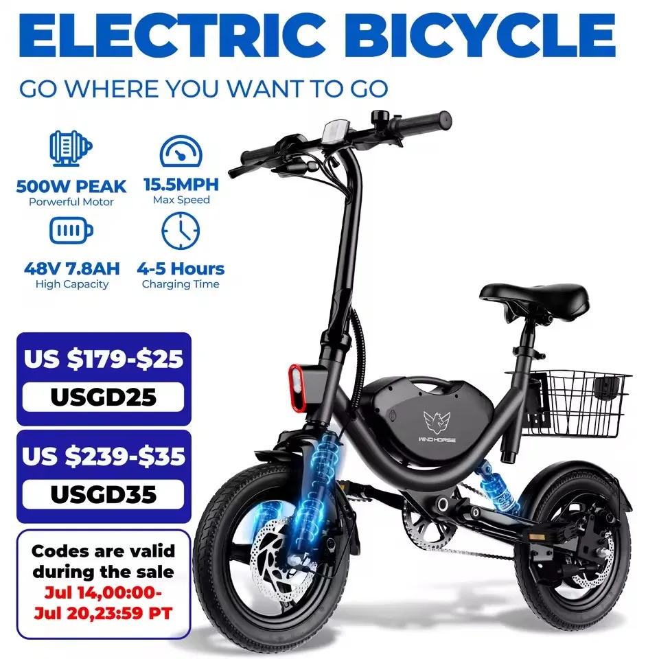 

New Electric Bike 50W Motor 36V10AH Battery Electric Bicycle Foldable Adult 14 Fatbike Tire 25 km/h Max Speed Outdoor Ebike