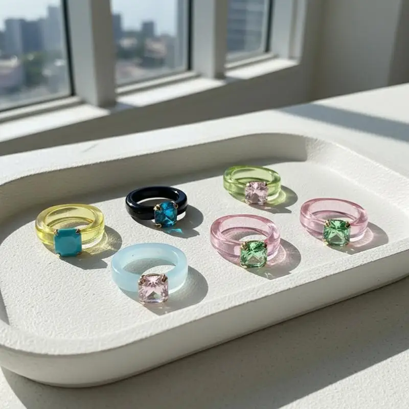 

Fashion Simple Inlaid Colorful Zircon Resin Ring Women Sweet Cute Birthday Party Commemorative Jewelry Gift