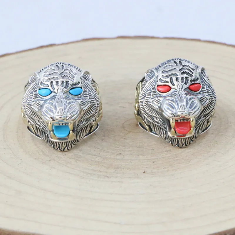 

Ethnic Style Ornament Sterling Silver Blue Turquoise Tiger Head Ring, Male Dominant Retro Thai Silver Index Finger Exaggerated T