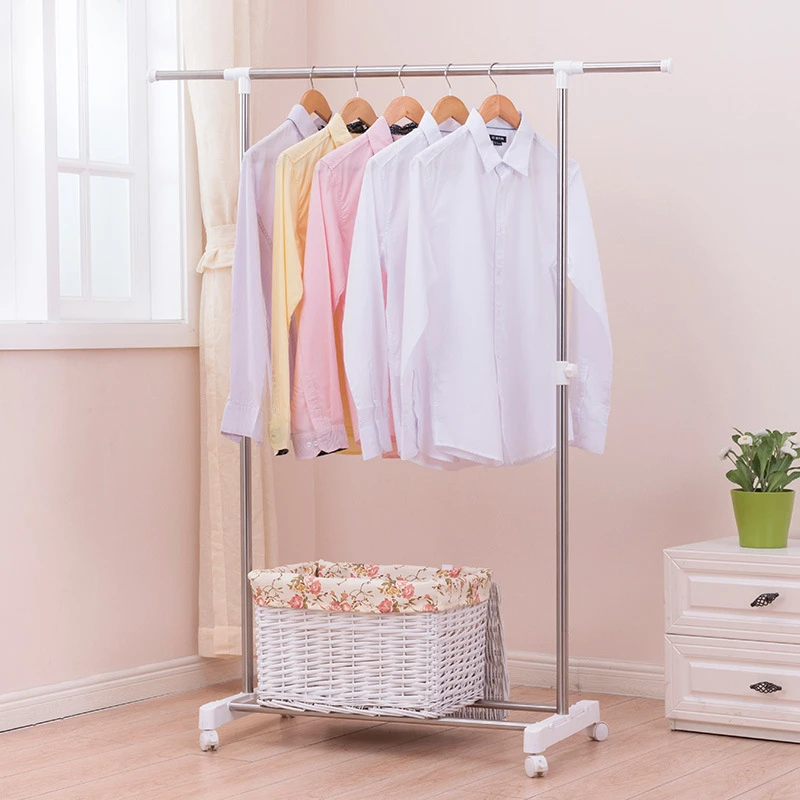 

Stainless Steel Single Pole Clothes Hanger, Simple Indoor Retractable Clothes Rack with Wheels