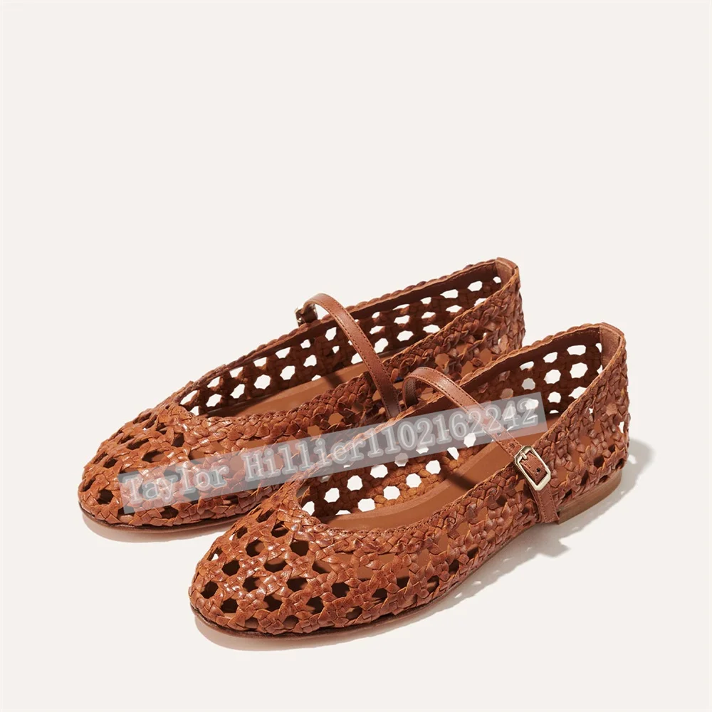 Woven Mary Jane Flat Shoes Women'S Brown Cowhide Hollow-Out Flat Sandals  Easy-Matching Buckle Strap Mule Shoes Zapatos Mujer