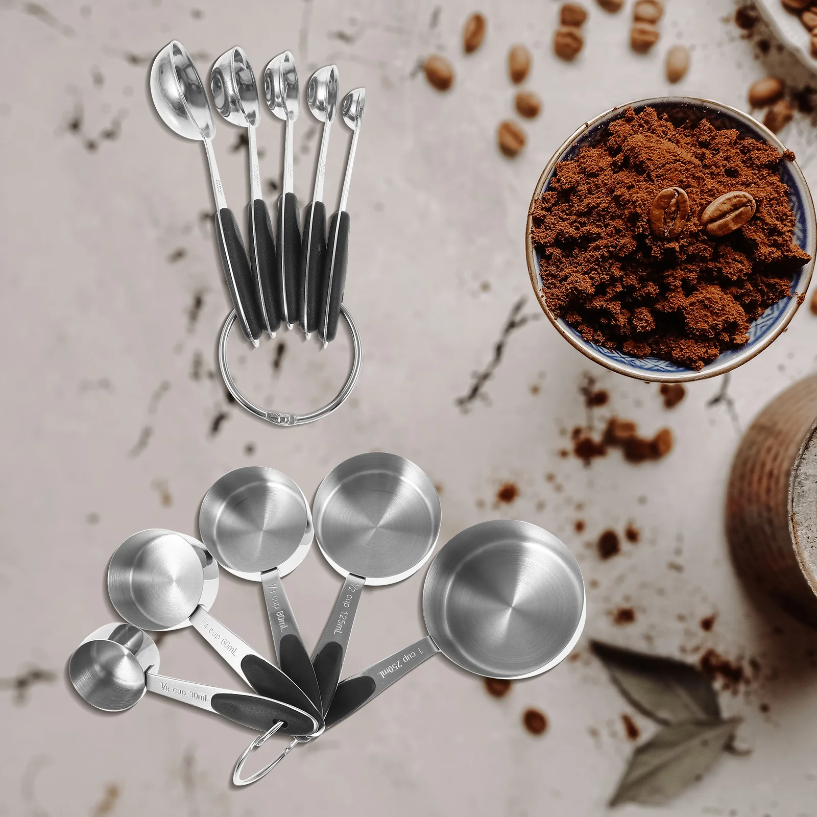 

1 комплект мерных чашек из нержавеющей стали, набор ложек для кофе, чая, сахара, муки, точные мерные чашки и набор ложек