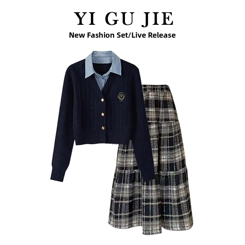 

Fashionable Plaid Skirt Set Women's Long Sleeve Collar Outfit Autumn Winter New Style Youthful College Look Ensemble