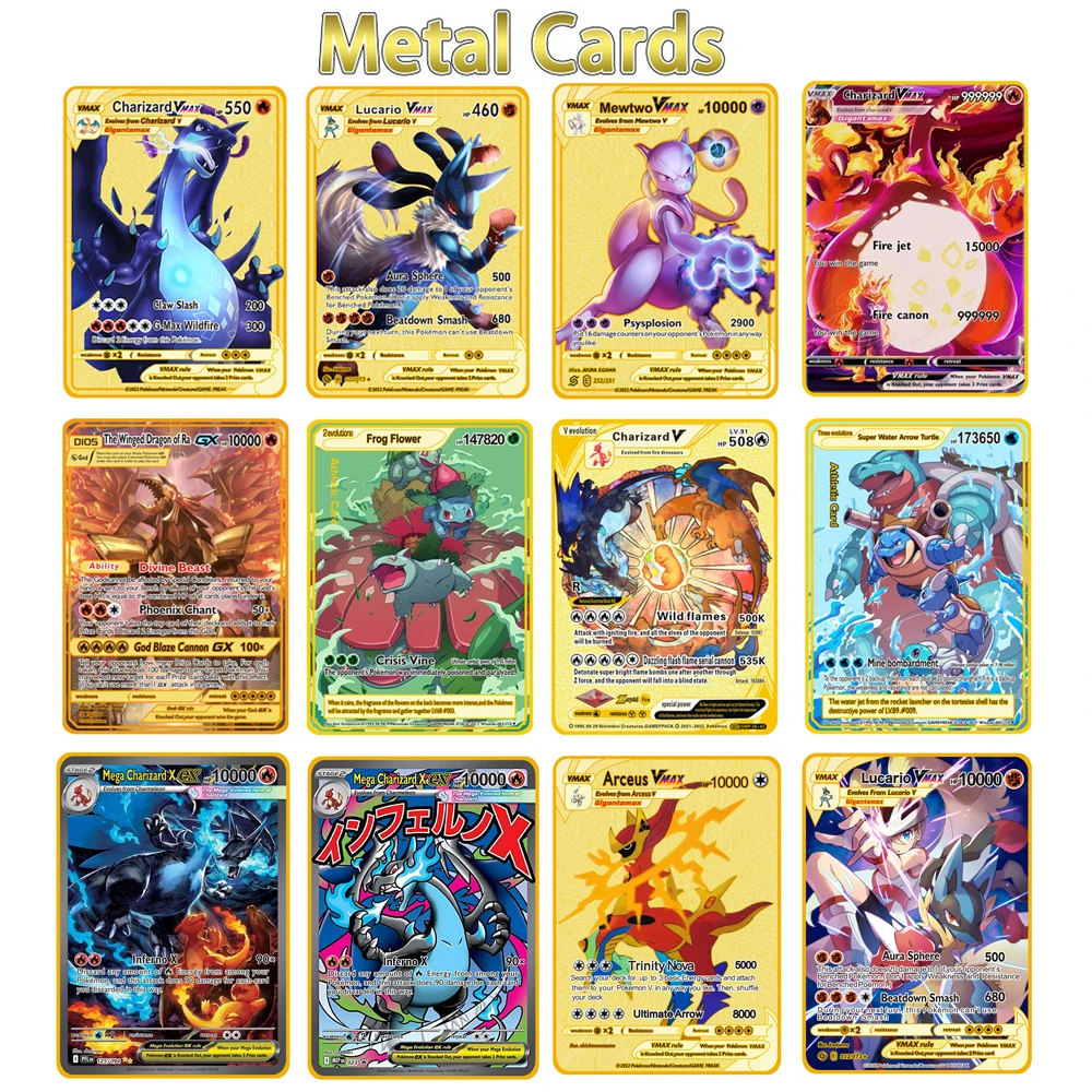 2026 NOWA Metalowa Karta Pokemon 10000 Punktów Arceus Charizard Super Karta Złota Angielska Mewtwo Vmax GX EX Karta Kolekcjonerska Anime Prezent