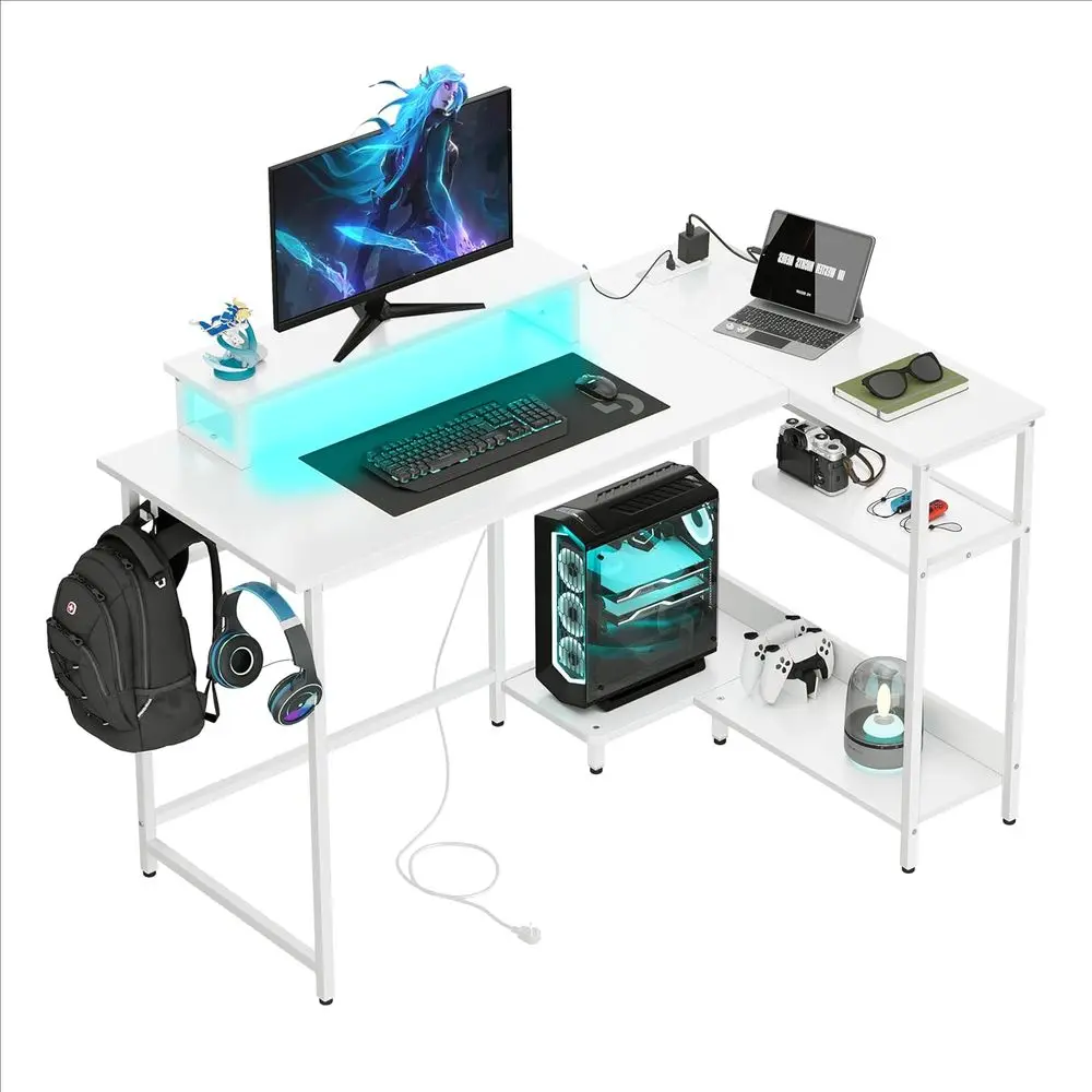 

LED-Illuminated 47 L-Shaped Gaming Desk with Power Outlets, Compact for Small Spaces, Durable PC Table with Storage for Home Off