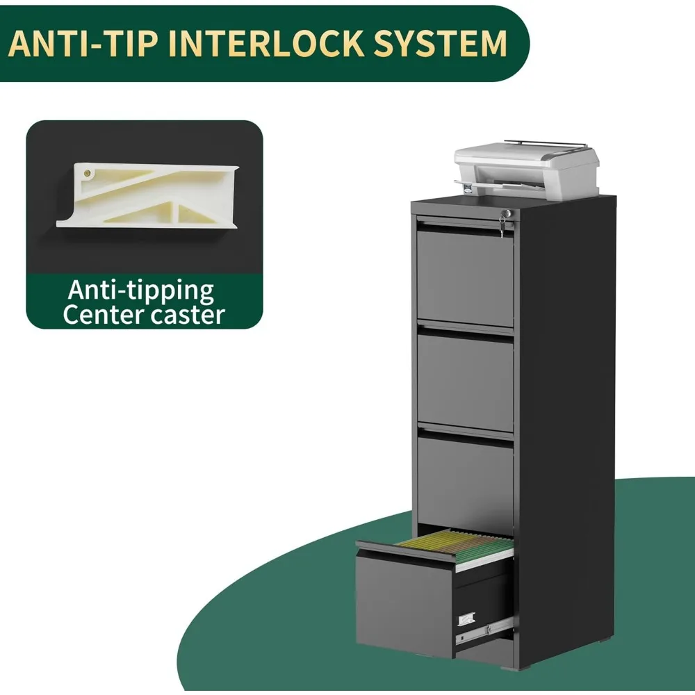Archivador vertical de acero resistente con cerradura, archivador de 4 cajones para oficina en casa, adecuado para cartas y documentos jurídicos