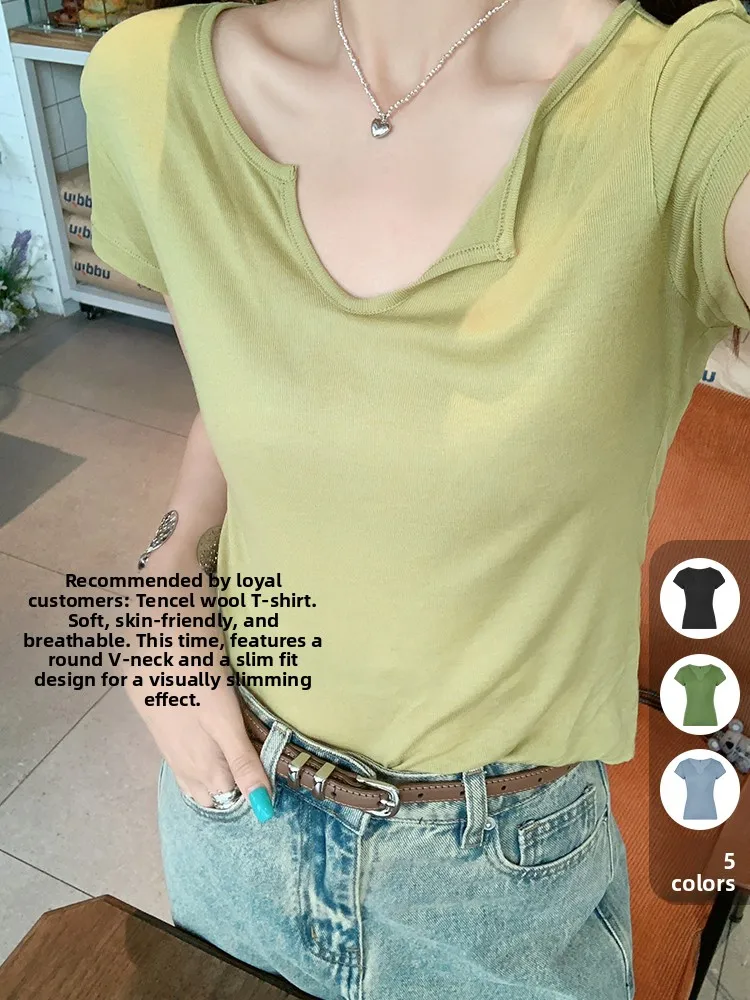 

Meiyang повседневная шелковая шерстяная футболка женская облегающая футболка ort Sve круглая V-Ne ort длина дышащий летний топ