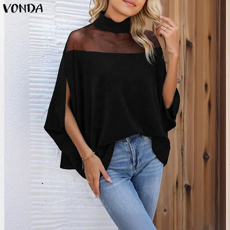 VONDA Elegante Frauen Bluse 2026 Mode Samt Tops Mesh Patchwork Büro Blusas Herbst Stehkragen Fledermaus Ärmel Hemd Streetwear
