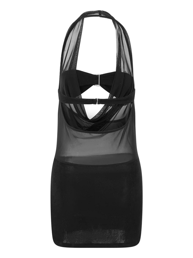 CHRONSTYLE Mini abito corto trasparente in rete trasparente da donna Summer Party Clubwear Abito senza schienale con spalle scoperte e reggiseno