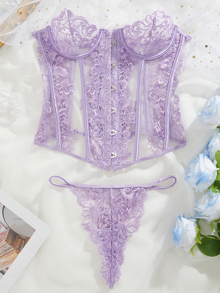 Sexy Women Bra Sets Lace Up Boned Bustier and Thongs Transparent Underwear 2 Pieces Lingerie Set Floral Embroidery Body Shaper