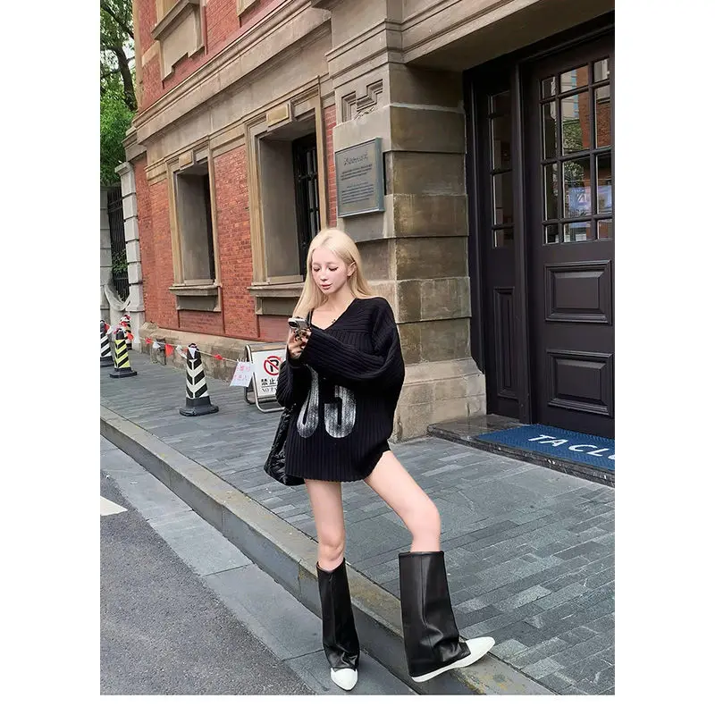 

Вязаные пуловеры с v-образным вырезом и американским цифровым принтом Y2k, винтажный свитер для женщин, черные топы с открытыми плечами и длинными рукавами Mujer