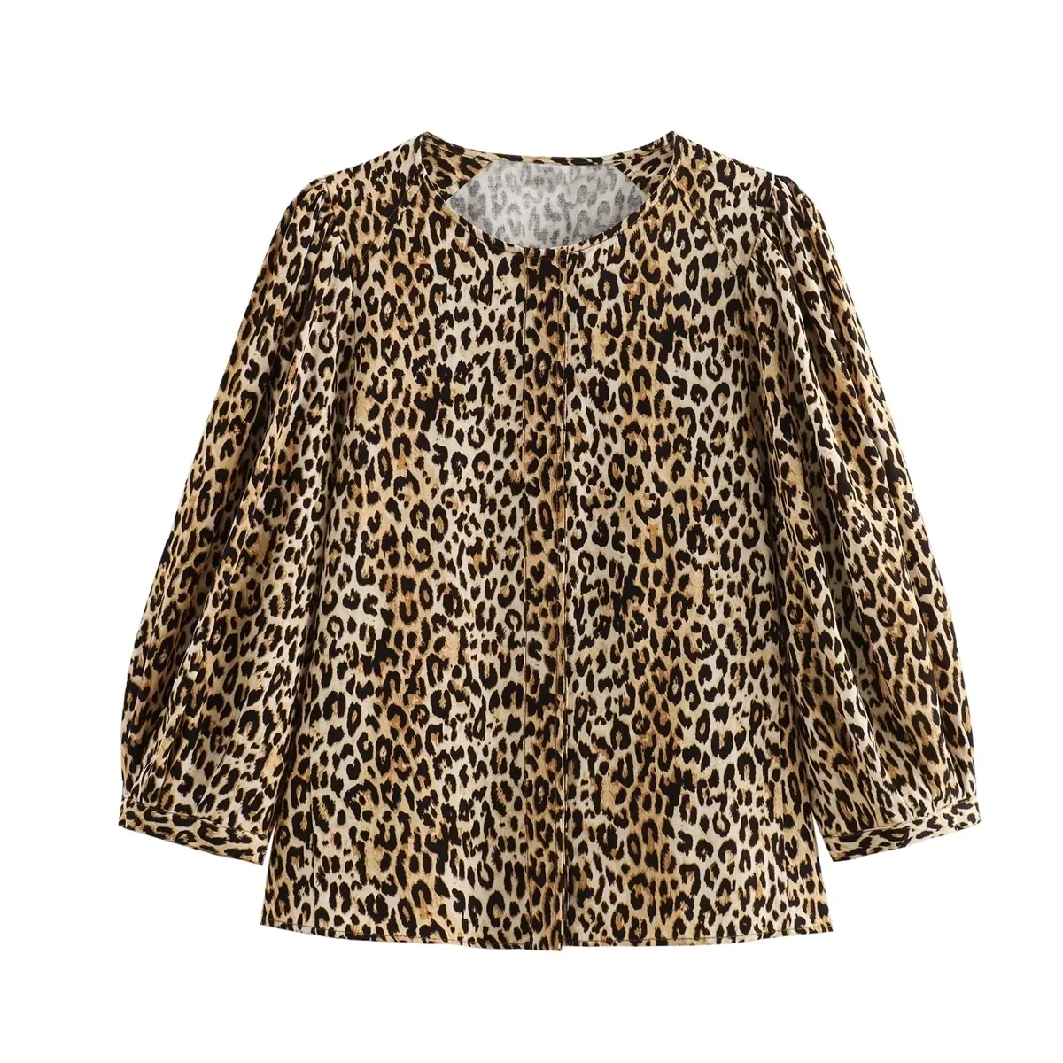 Leopard Women Blouses Vintage Animal Print Cropped Blouse Puff Sleeve Loose Summer Blouses Ruched Casual Elegant Blouse