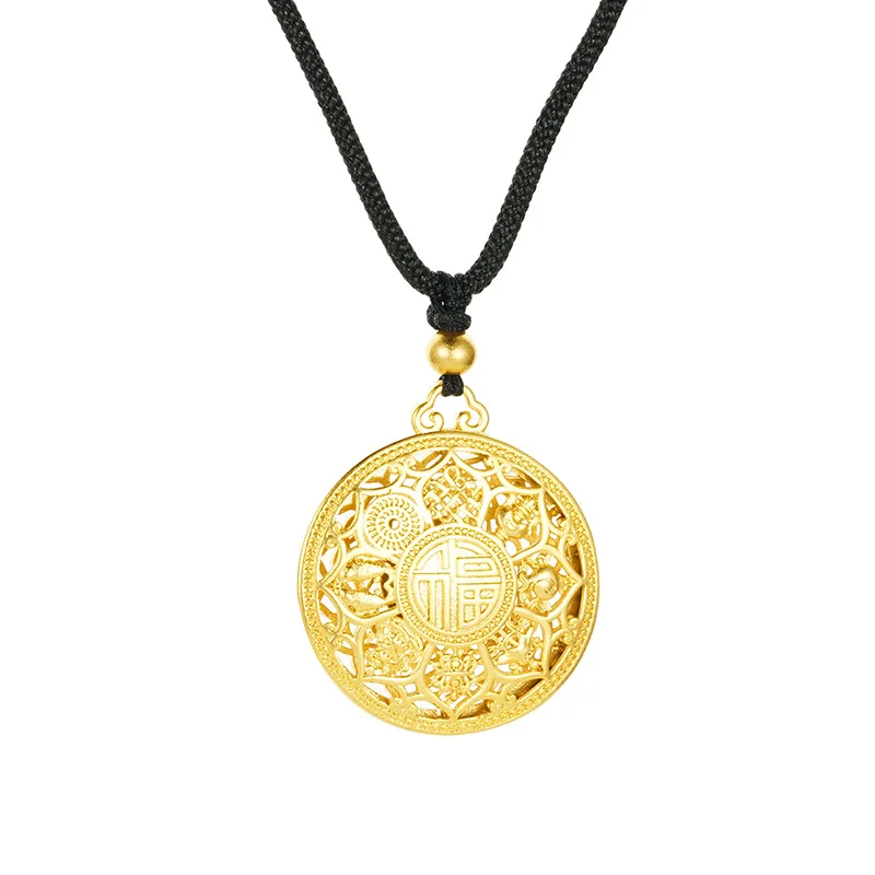 QEENKISS 24KT Gold FU Lotus Necklace Pendant Charm For Women Men Vintage Fine Wholesale Jewelry Wedding Party Mother Gift PT5123