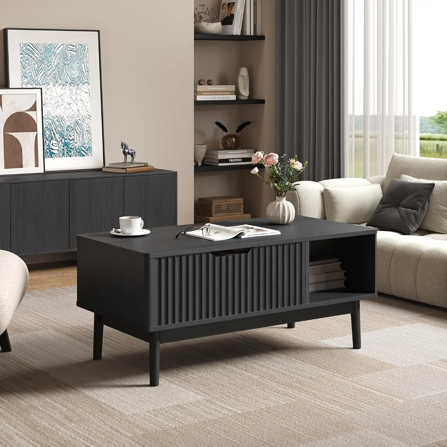 Fluted Lift Top Coffee Table with Storage 37 Inch Black, Customized