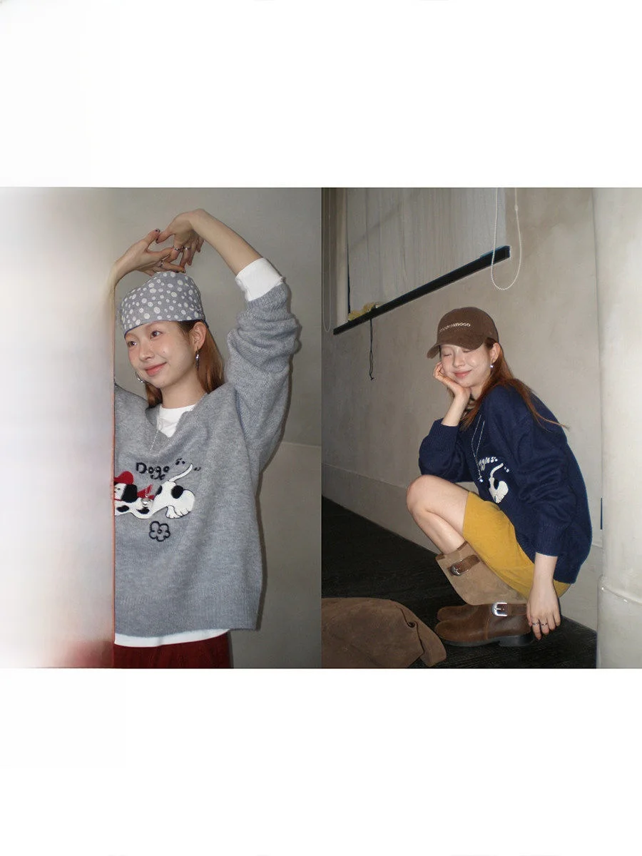 

COK Autumn Winter V-ne Knitted Sweater Women's Overhead Dog Pattern Towel Design Anti-aging Trendy Casual Long Sve Top