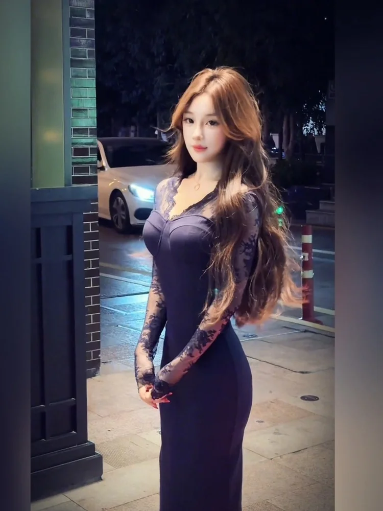 

Женское повседневное платье SYJ ujia с кружевными вставками, облегающее, с высокой талией, больших размеров, модное, осеннее, с V-образным вырезом