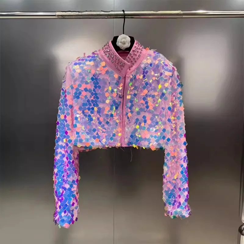 Gradient Sequin Rhinestone Short Jacket Women's Nightclub Bar Singer Hio Hop Dance Stage Runway Party Rave Performance Costume