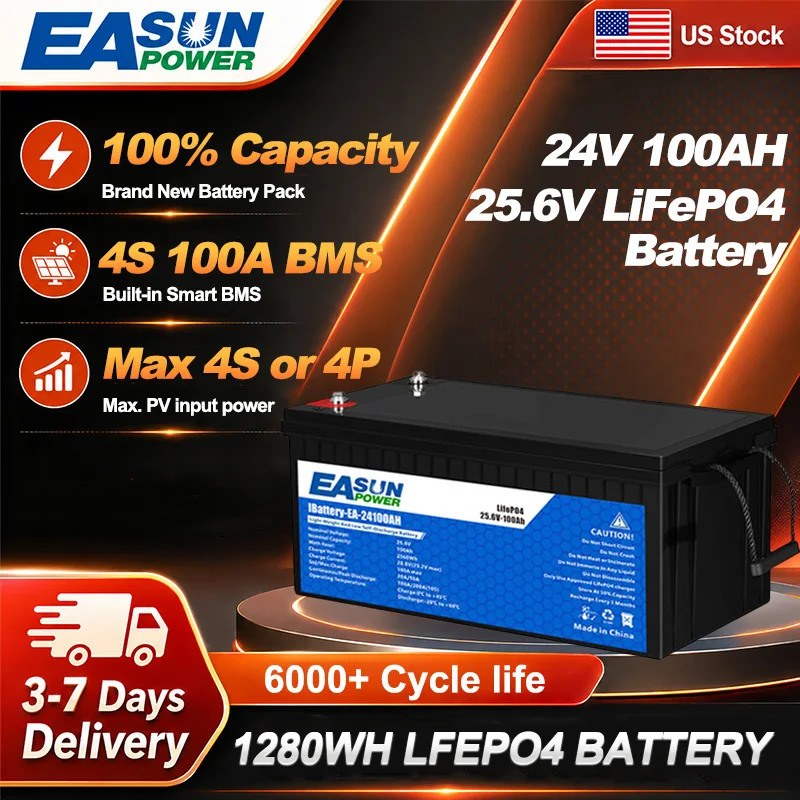 Easun Power 24V 100Ah LiFePO4 Lithium Battery 25.6V Grade A Cells Portable Off-Grid Solar Storage Battery for Camping & Home Use Built-in Custom BMS Support Parallel Connection 2000 Deep Cycles US