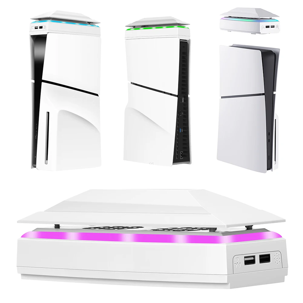 Console Cooling Fan with Dust Cover LED Light 2 USB Port Upper RGB Cooling Fan Adjustable Fan for PS5 Slim Console Disc/Digital