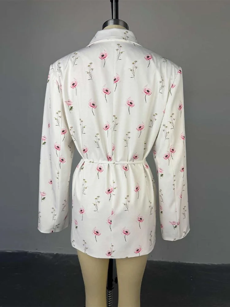 Damska marynarka z luźnym kwiatowym nadrukiem, klapy, długi rękaw, sznurowana, zapinana na jeden guzik, sznurowana kurtka, wiosna 2025, top w stylu high street.