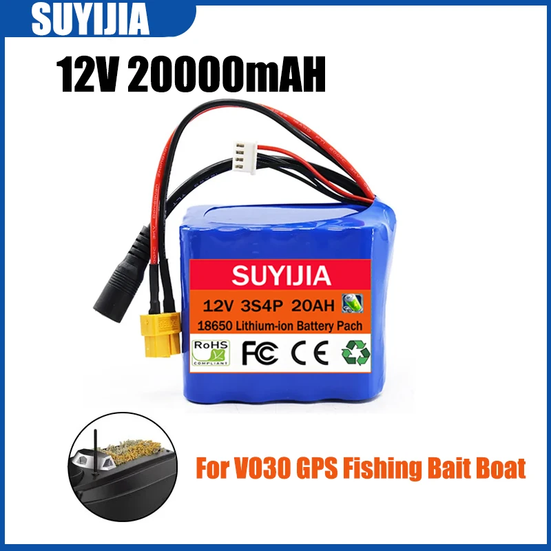 3S4P 18650 Lithium-Ion Battery 20000mAh 12V with BMS High Power Remote Control Fishing Bait Boat Battery for V030 GPS Bait Boat