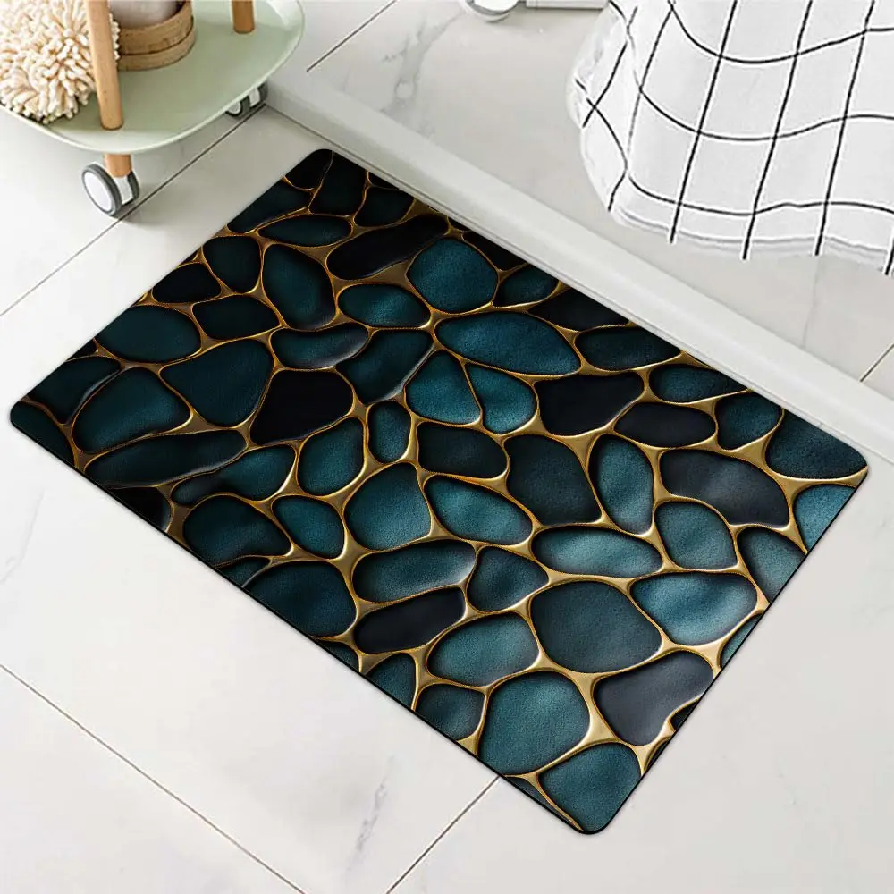 Diatomaceous Earth Bath Mat Blue Gold Stones Non-Slip Volume Super Absorbent Fast Drying Mat for Bathroom Kitchen