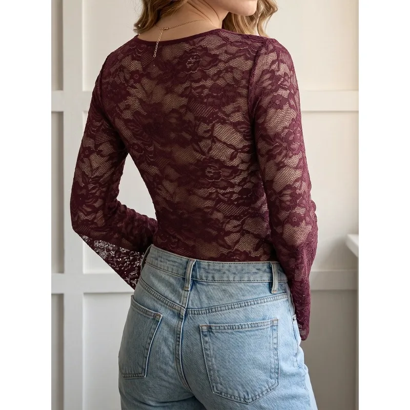 Women Sexy Sheer Lace Bodysuit Deep V Flare Long Sleeve Slim Fit Mesh See Through Jumpsuit Fall Club Night Date Party Outfit Top view 6