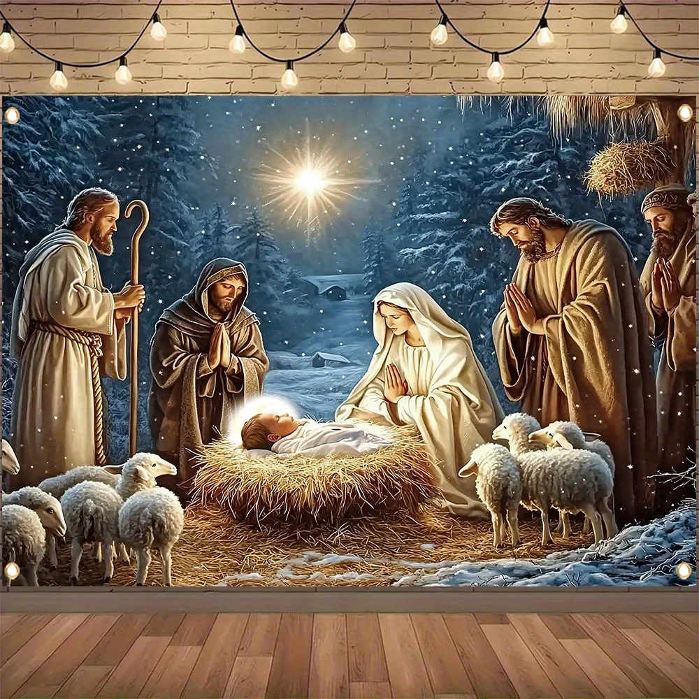 1-teiliges dekoratives Banner „Merry Christmas“, Polyester, Muster der Geburtsszene Jesu im Krippe, Hintergrundstoff